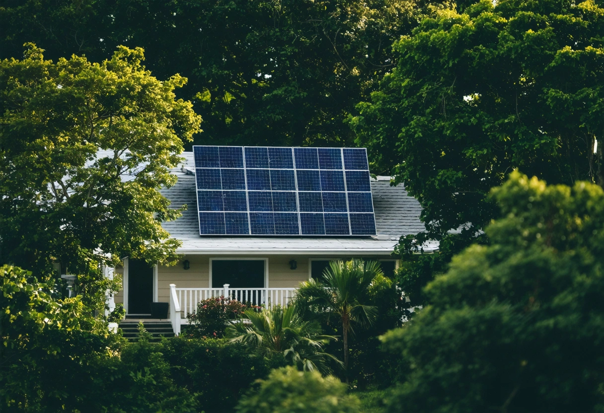 A solar-powered home in Punta Gorda surrounded by greenery. Solar panels glisten under the sun.