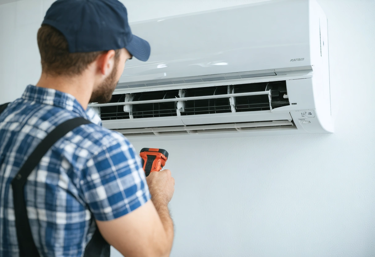 A technician performing maintenance on an AC unit in a stylish Punta Gorda apartment. Tools