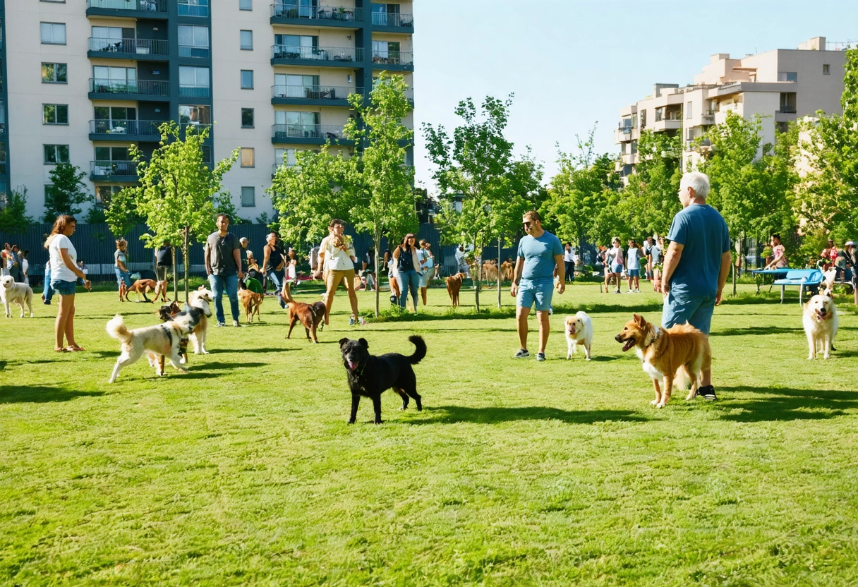 A vibrant community scene with pet owners and their dogs socializing in a large, green