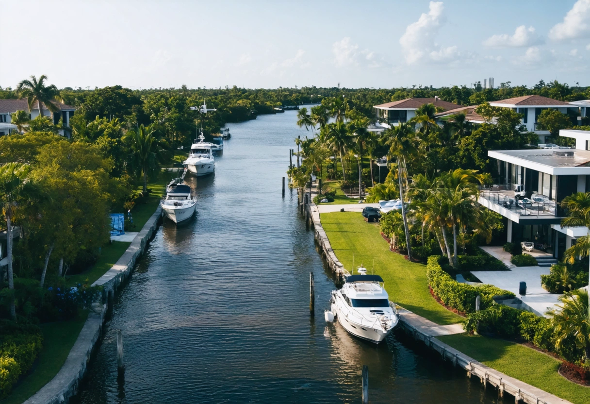Aerial view of Punta Gorda properties with lush gardens and modern architecture. The scene captures