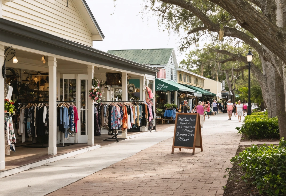 Shoppers exploring quaint downtown Punta Gorda boutiques in afternoon light.