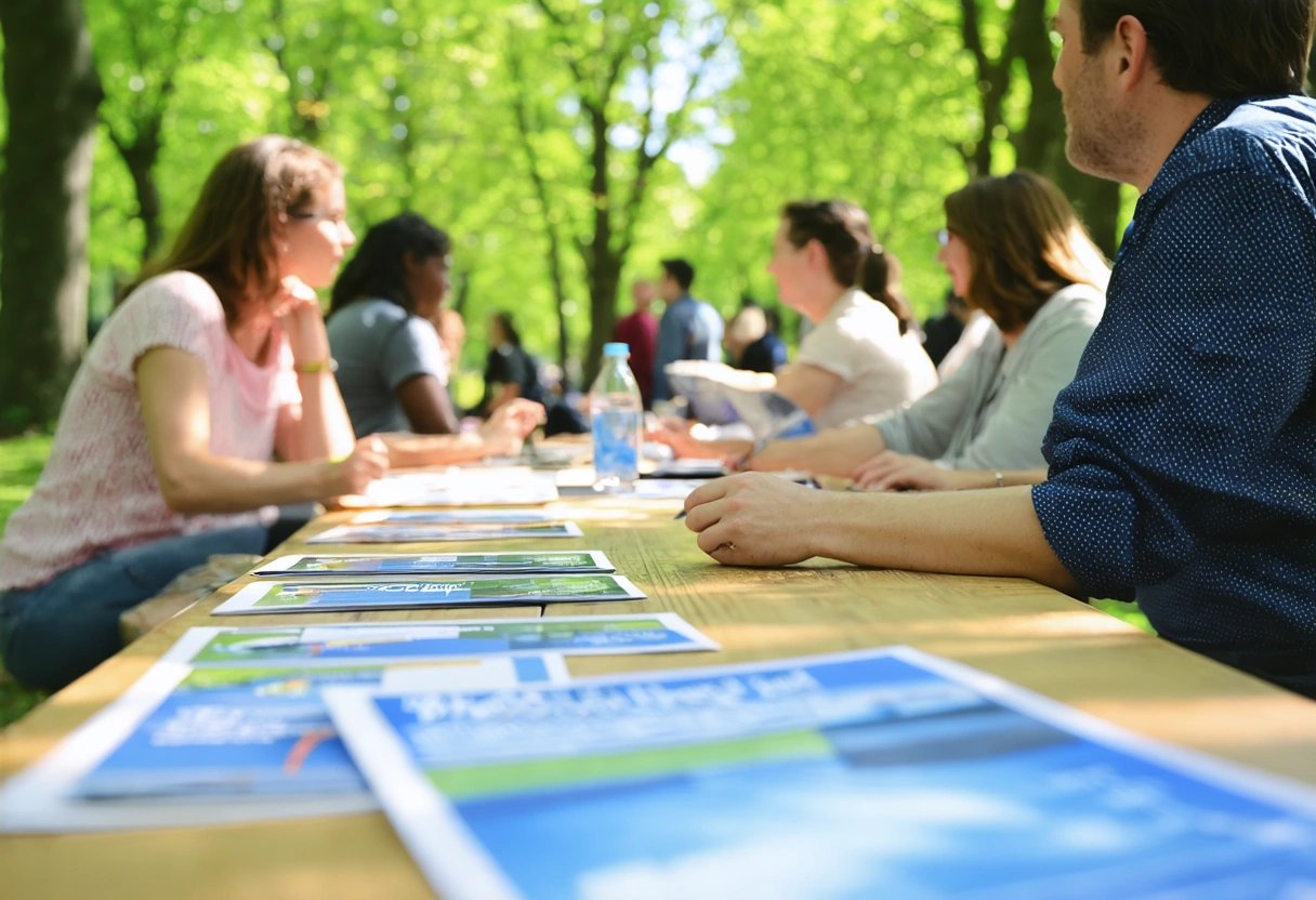 Community meeting in park sharing storm preparedness tips and resources