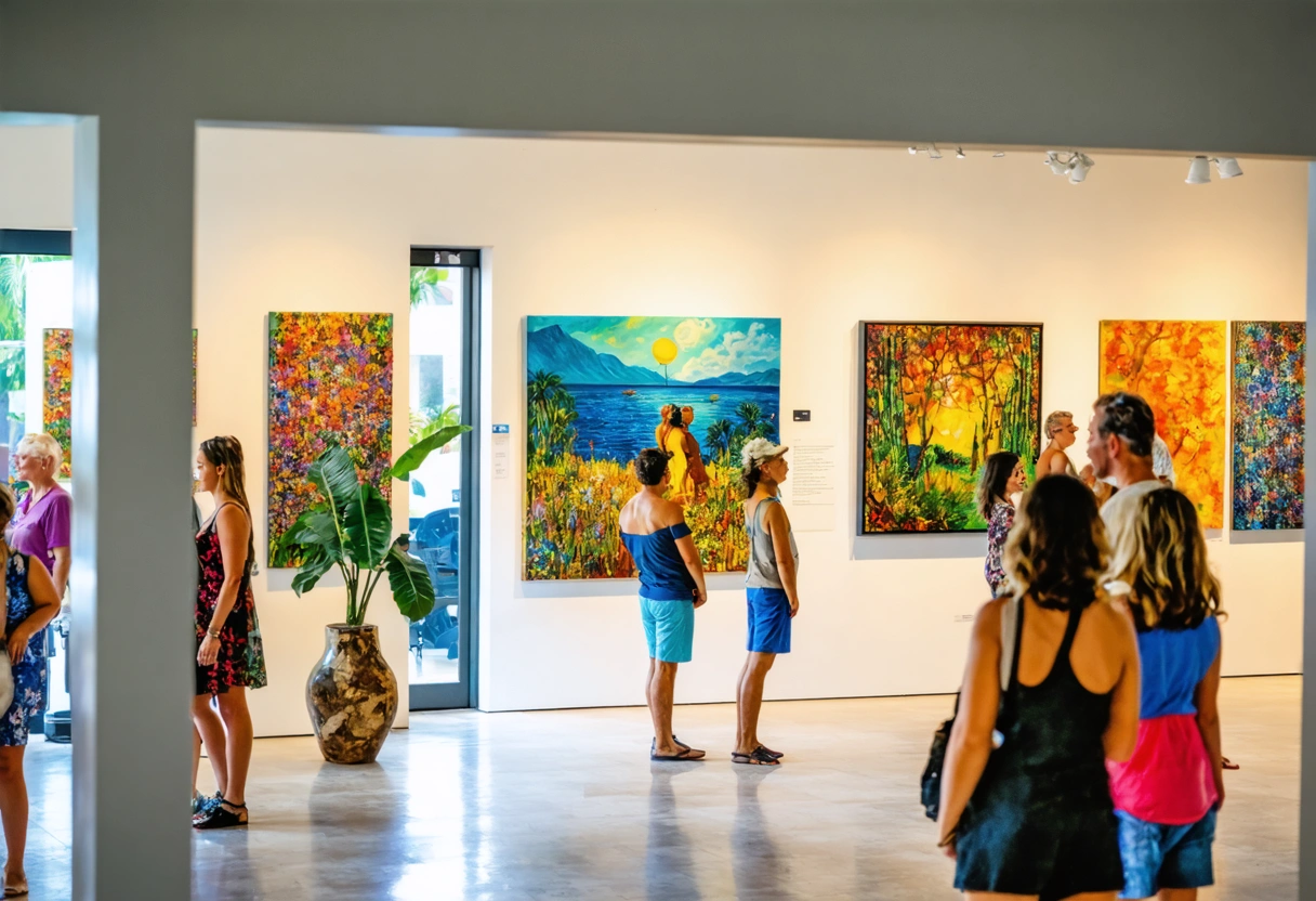 Inside an art gallery in Punta Gorda, featuring vibrant paintings and sculptures by local artists.