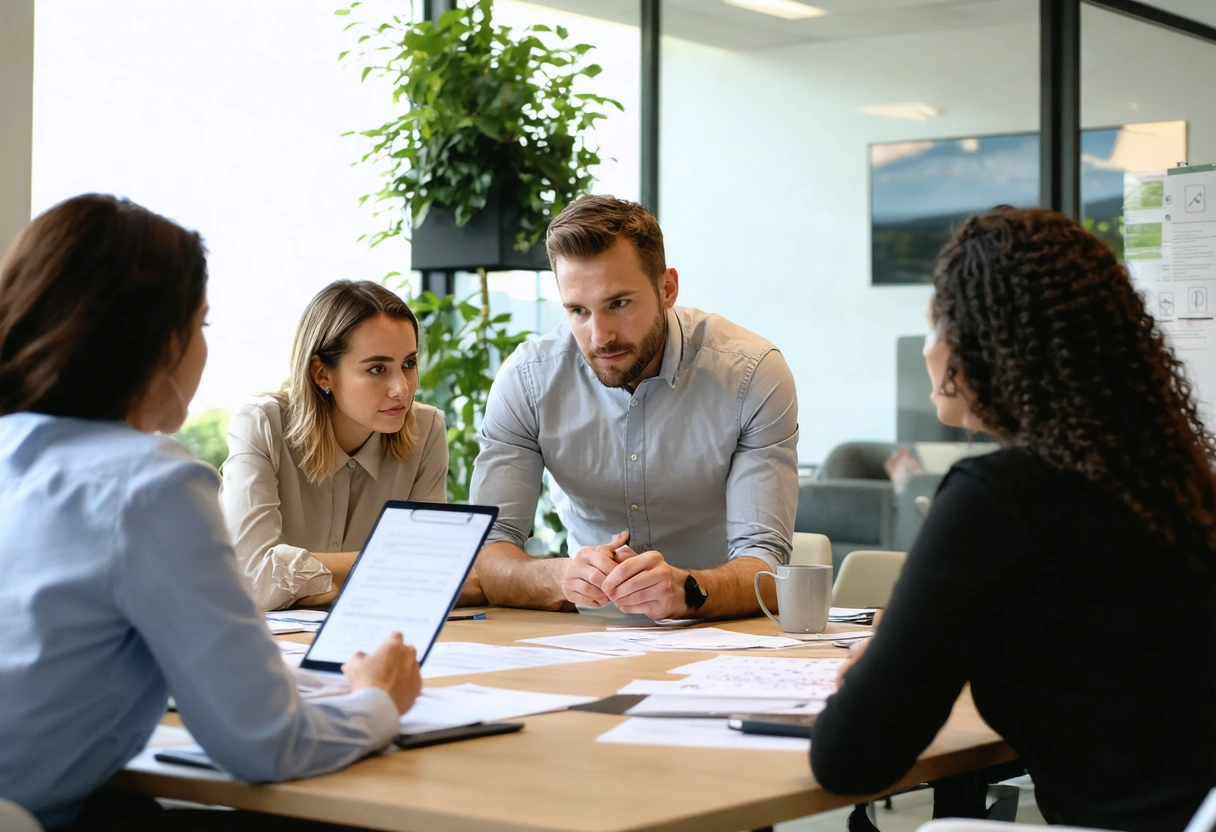 Property manager and tenants reviewing checklist in well-lit office