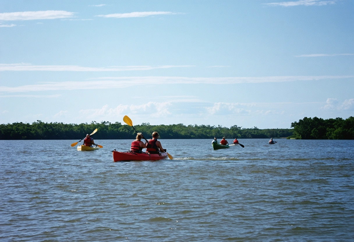 People kayaking and boating on Charlotte Harbor under clear skies.