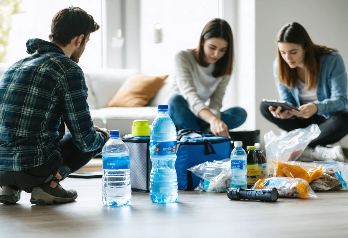 Tenants assembling emergency kits with water, food, and flashlights