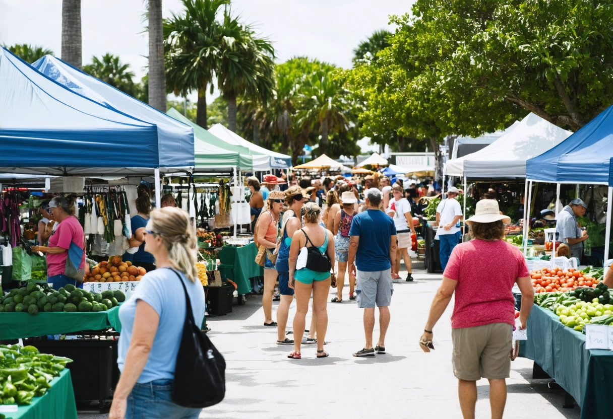 Vibrant Punta Gorda farmers market bustling with people. Stalls filled with fresh produce and local