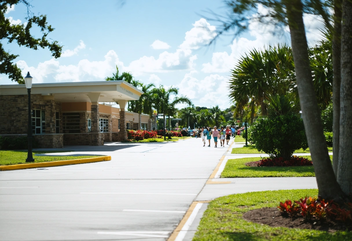 Residents walking to a community library in Punta Gorda, Florida. Well-maintained sidewalks, green spaces, and