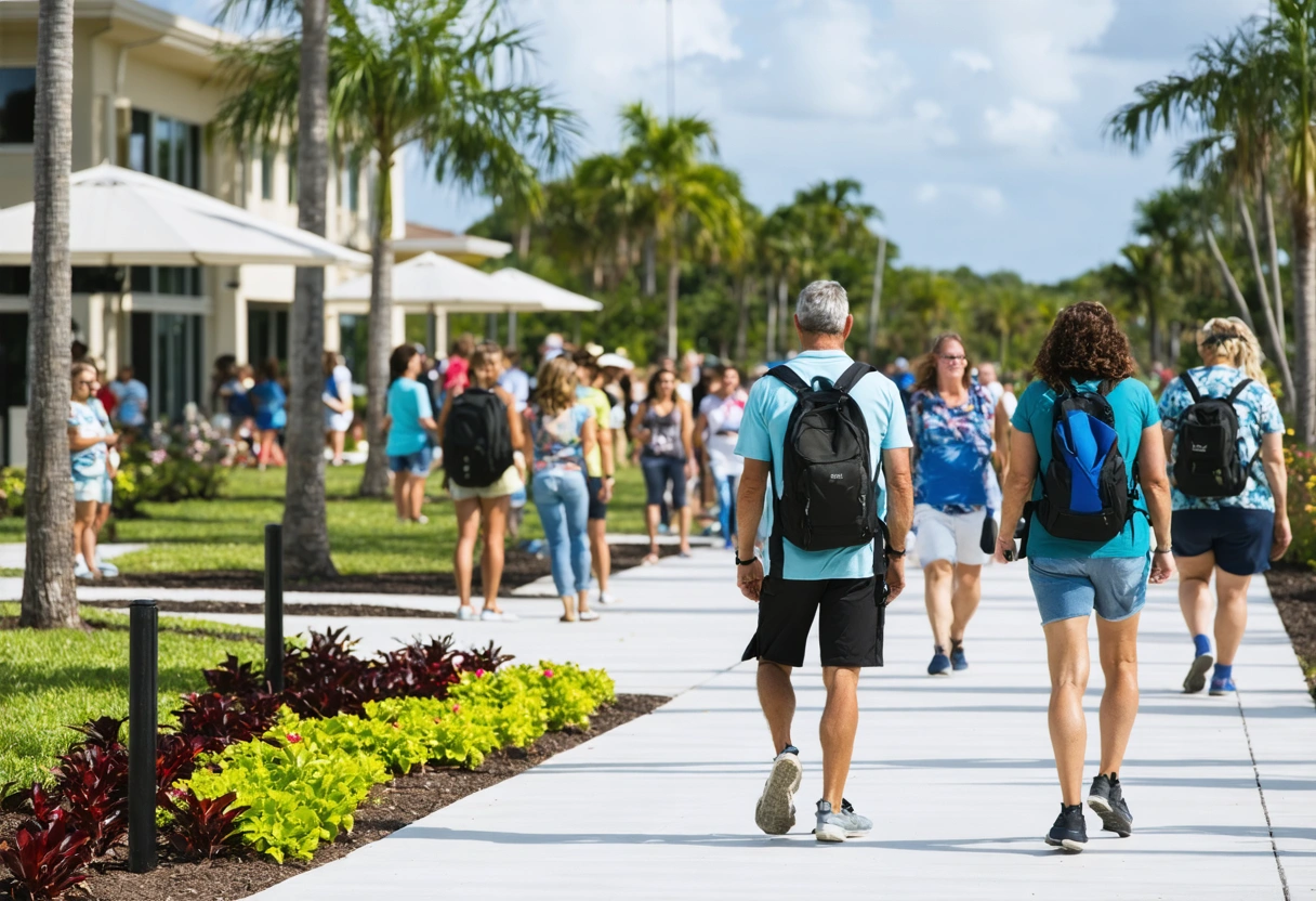 Community event in Punta Gorda, Florida, with residents participating in a guided historical tour. Engaged