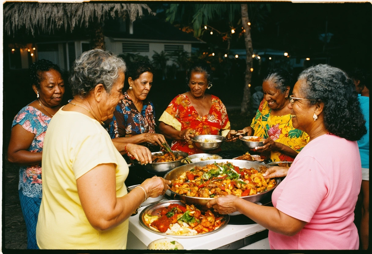 A diverse group of residents at a cultural exchange event in Punta Gorda, sharing traditional
