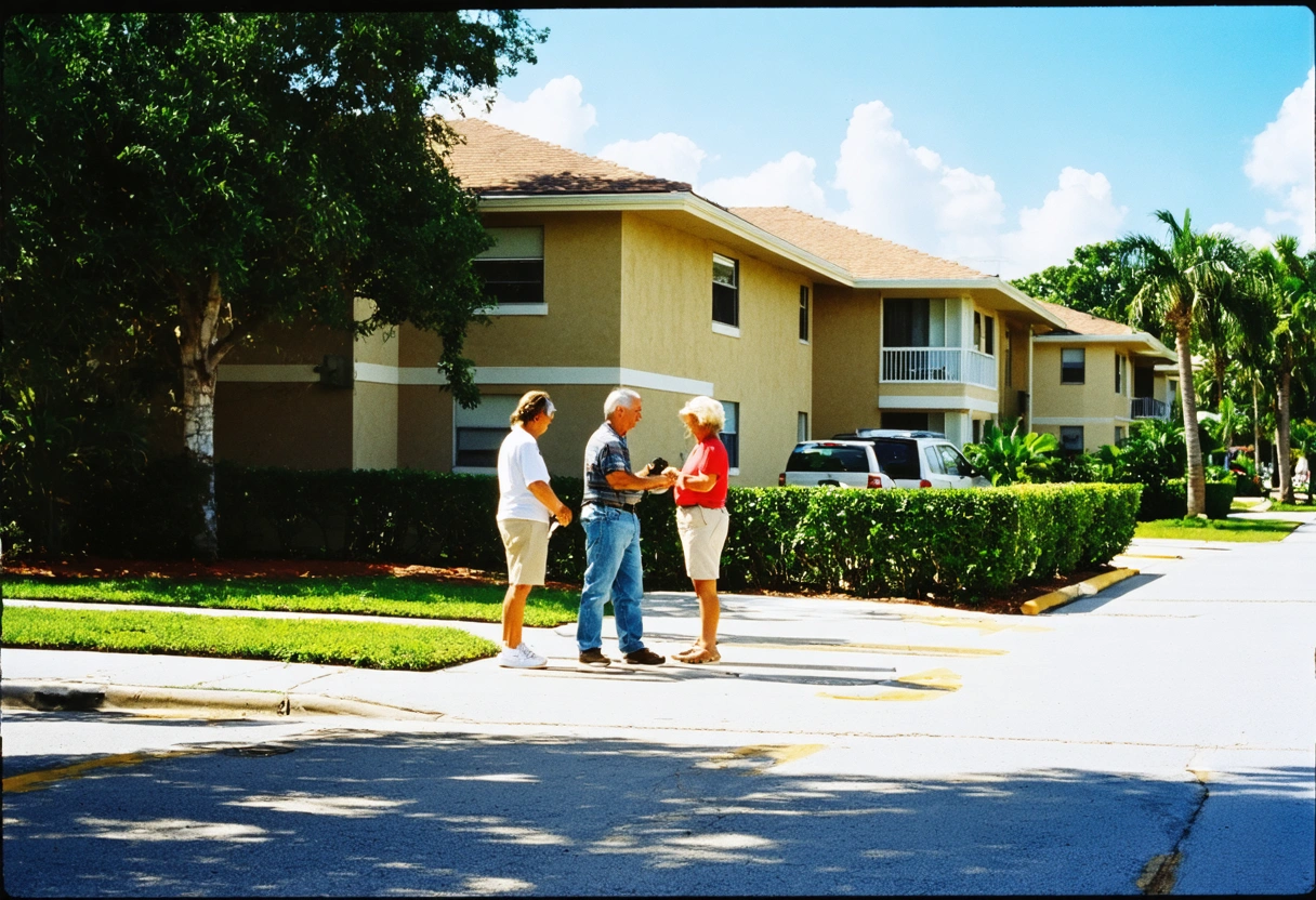 Residents chatting near luxury apartments in Punta Gorda, warm afternoon light, community atmosphere.