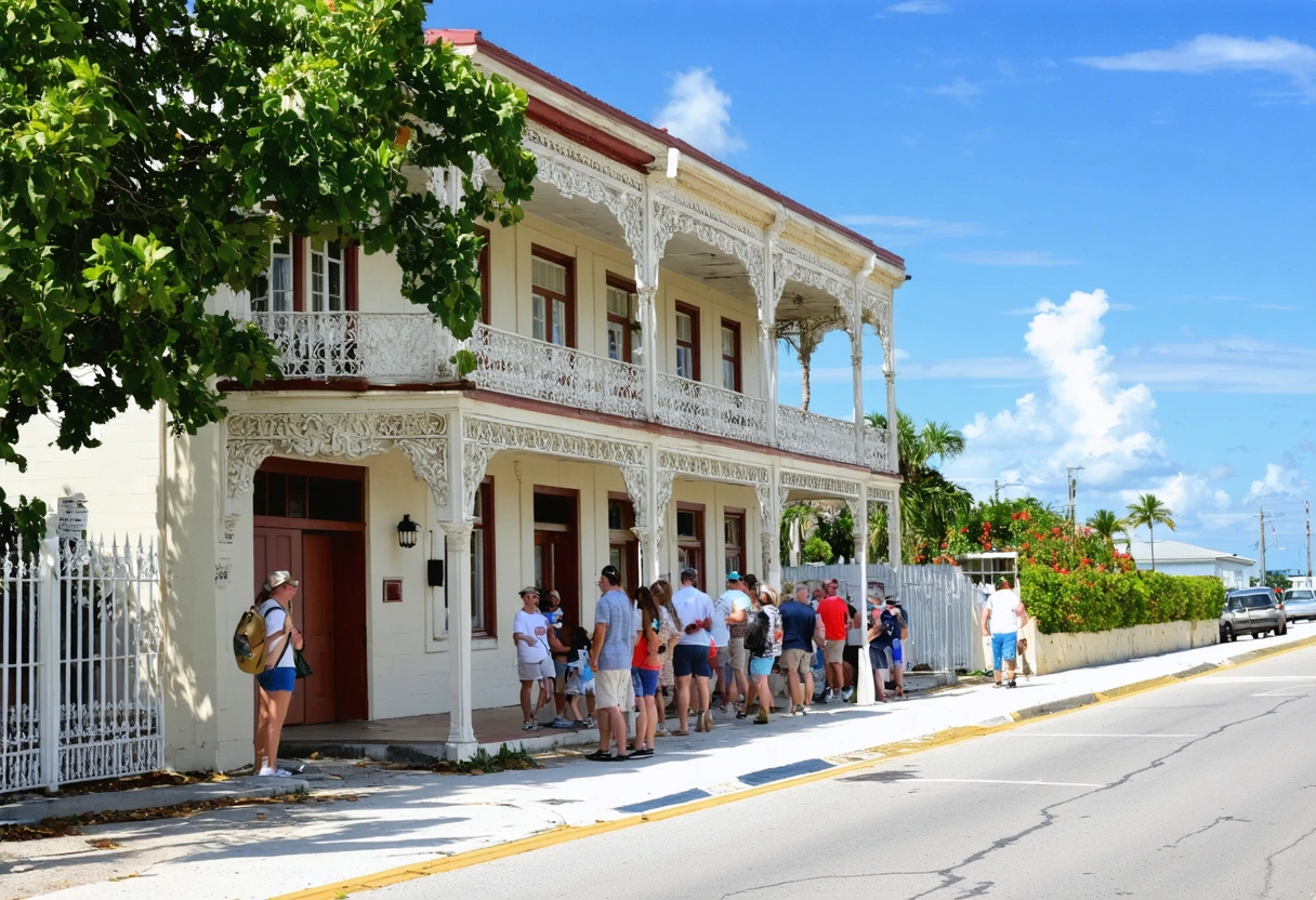 A group of tourists on a historical walking tour in Punta Gorda, Florida. Exploring the