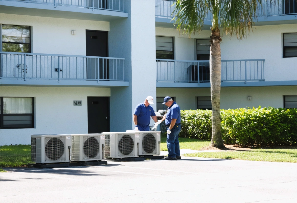 a-modern-apartment-complex-in-punta-8kvClD.webp Modern Punta Gorda apartment complex with maintenance team inspecting AC units in daylight.