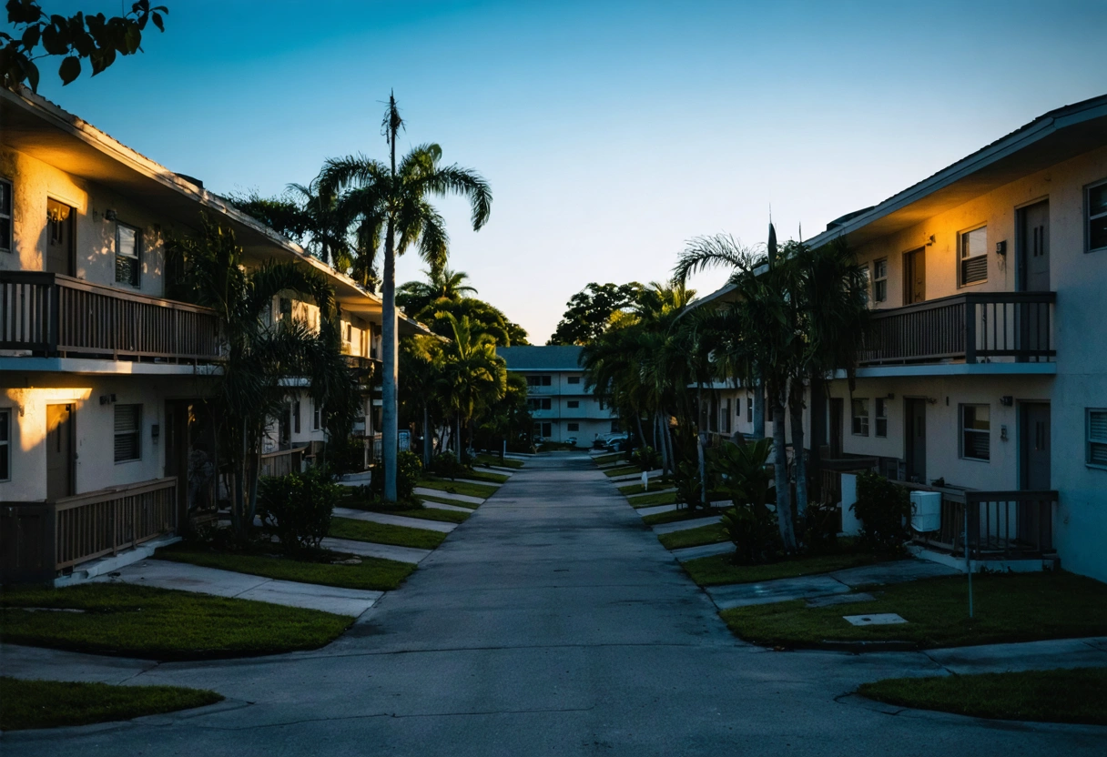 A peaceful apartment complex in Punta Gorda, residents maintaining shared spaces, tidy environment, evening light,