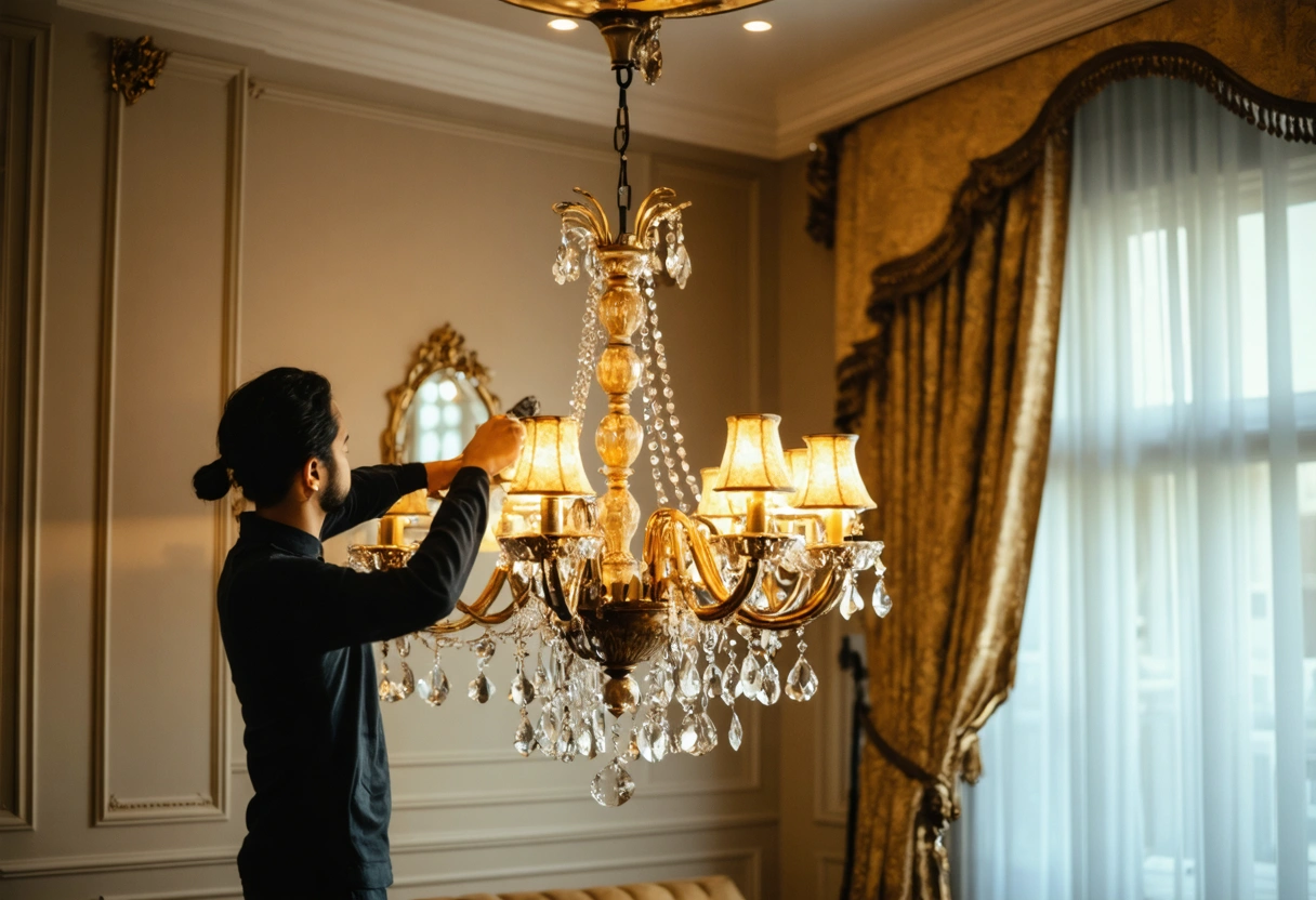 Person dusting elegant chandelier in luxury apartment, highlighting cleanliness