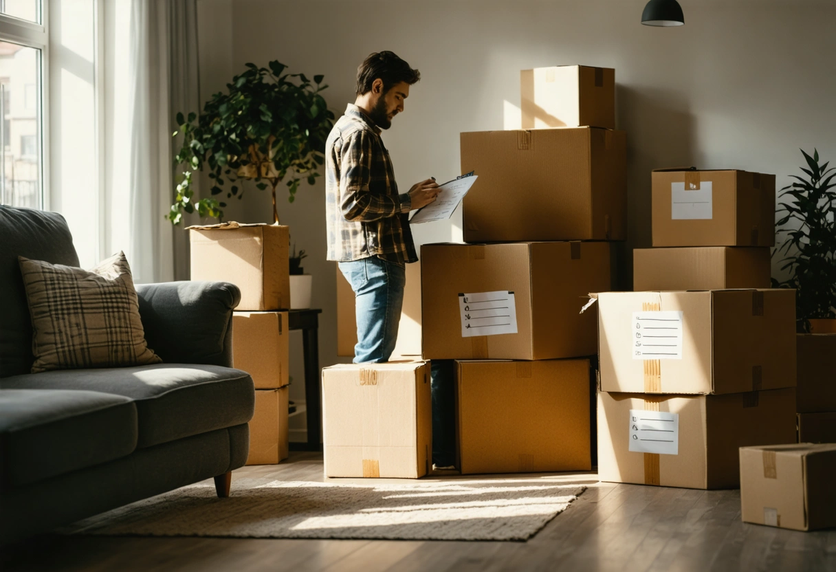 Cozy living room with modern furniture and large windows.