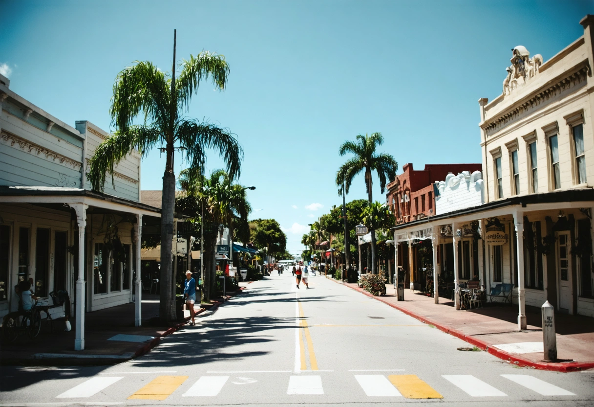 Punta Gorda historic streets with pedestrians enjoying vibrant community life under a clear blue sky.