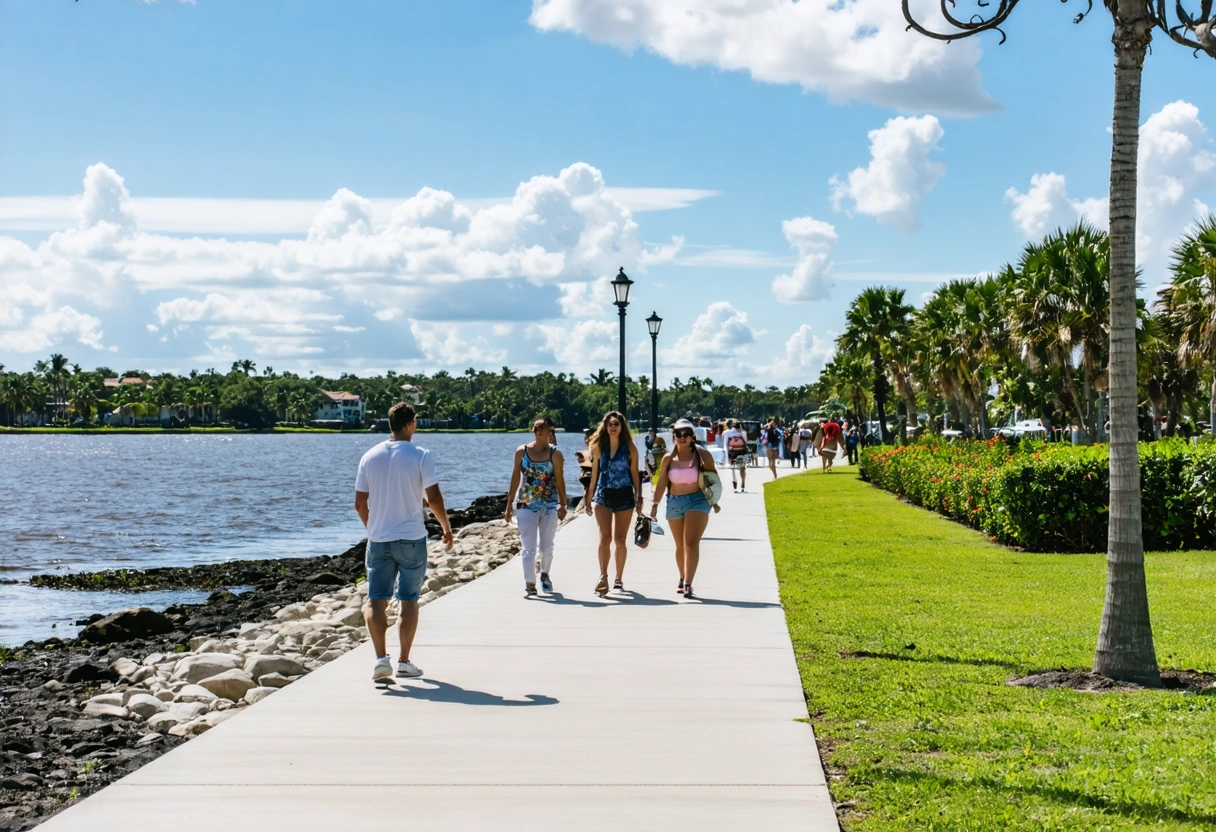 People walking along a scenic waterfront path in Punta Gorda, Florida. Lush greenery and sparkling