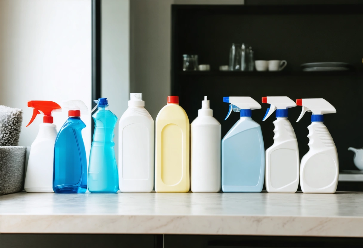 High-quality cleaning products neatly arranged on countertop in bright lighting