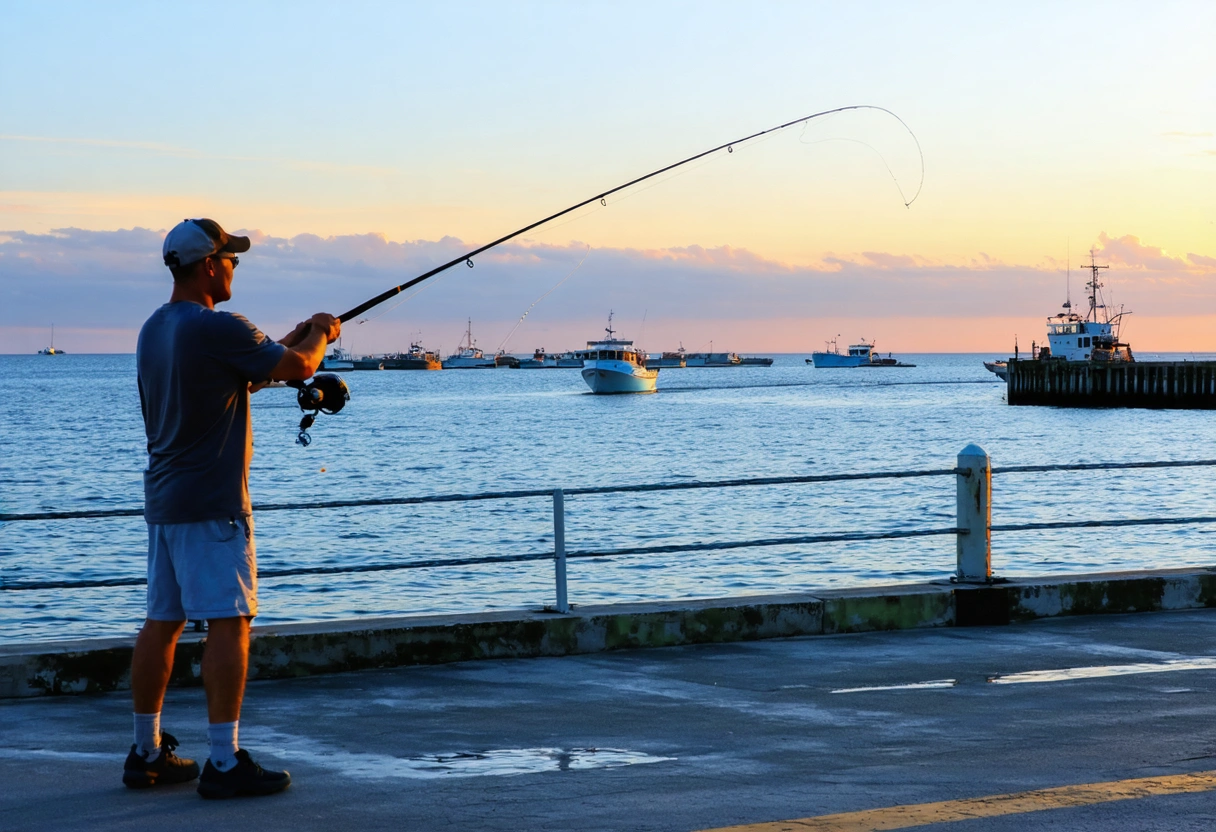 Angler fishing from Punta Gorda pier, casting line into the water, sunset backdrop, peaceful mood,