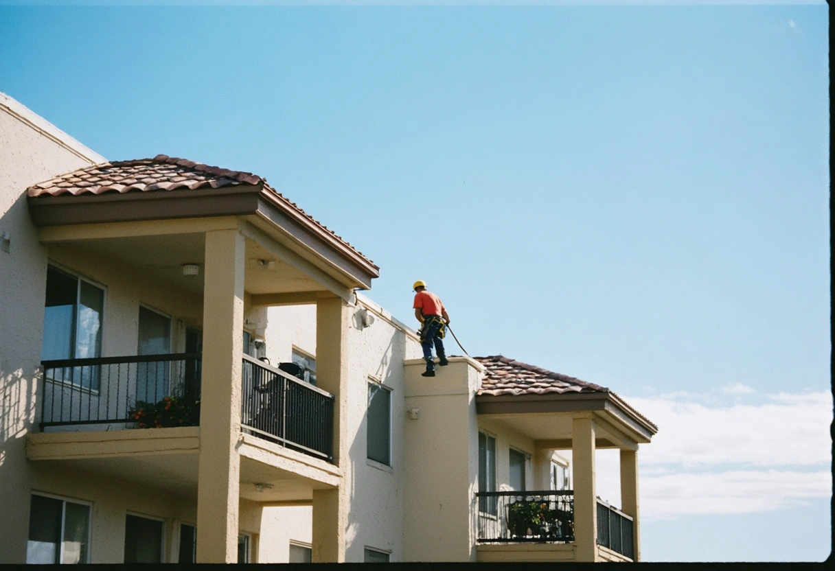 Technician performing roof maintenance on apartment complex, sunny day, clear sky