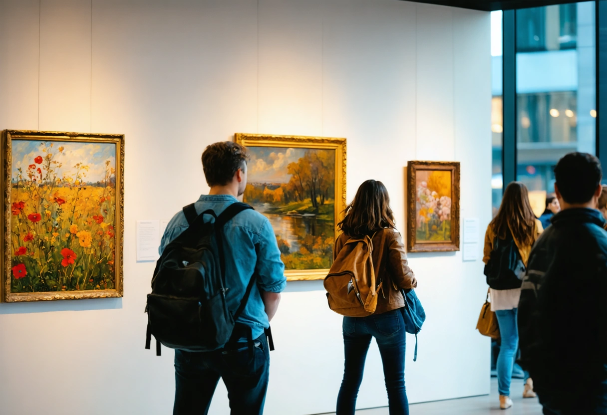 Art gallery interior with visitors admiring paintings, modern decor, well-lit space, creative and inspiring atmosphere,