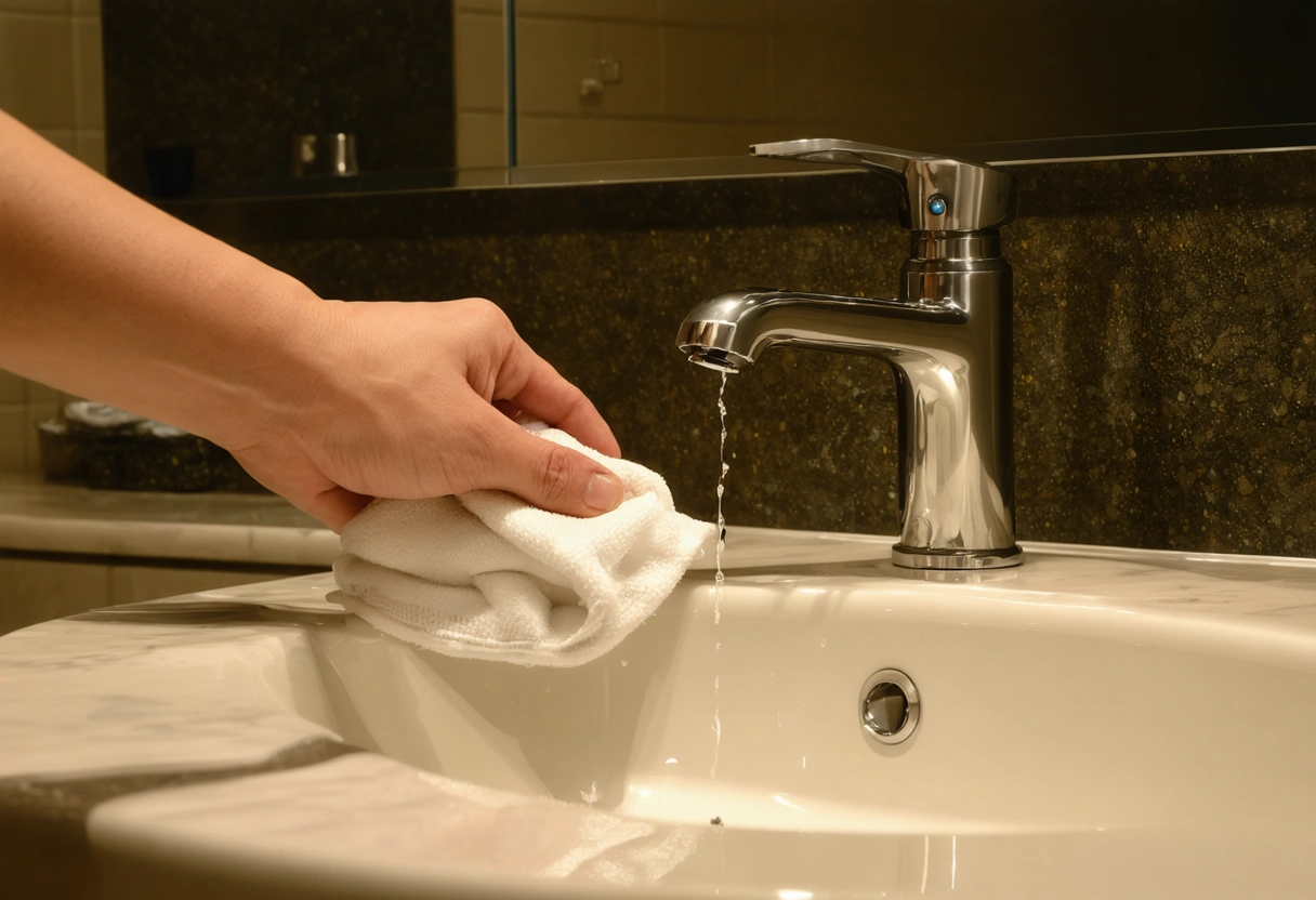 Person cleaning stainless steel faucet with soft cloth in luxury bathroom