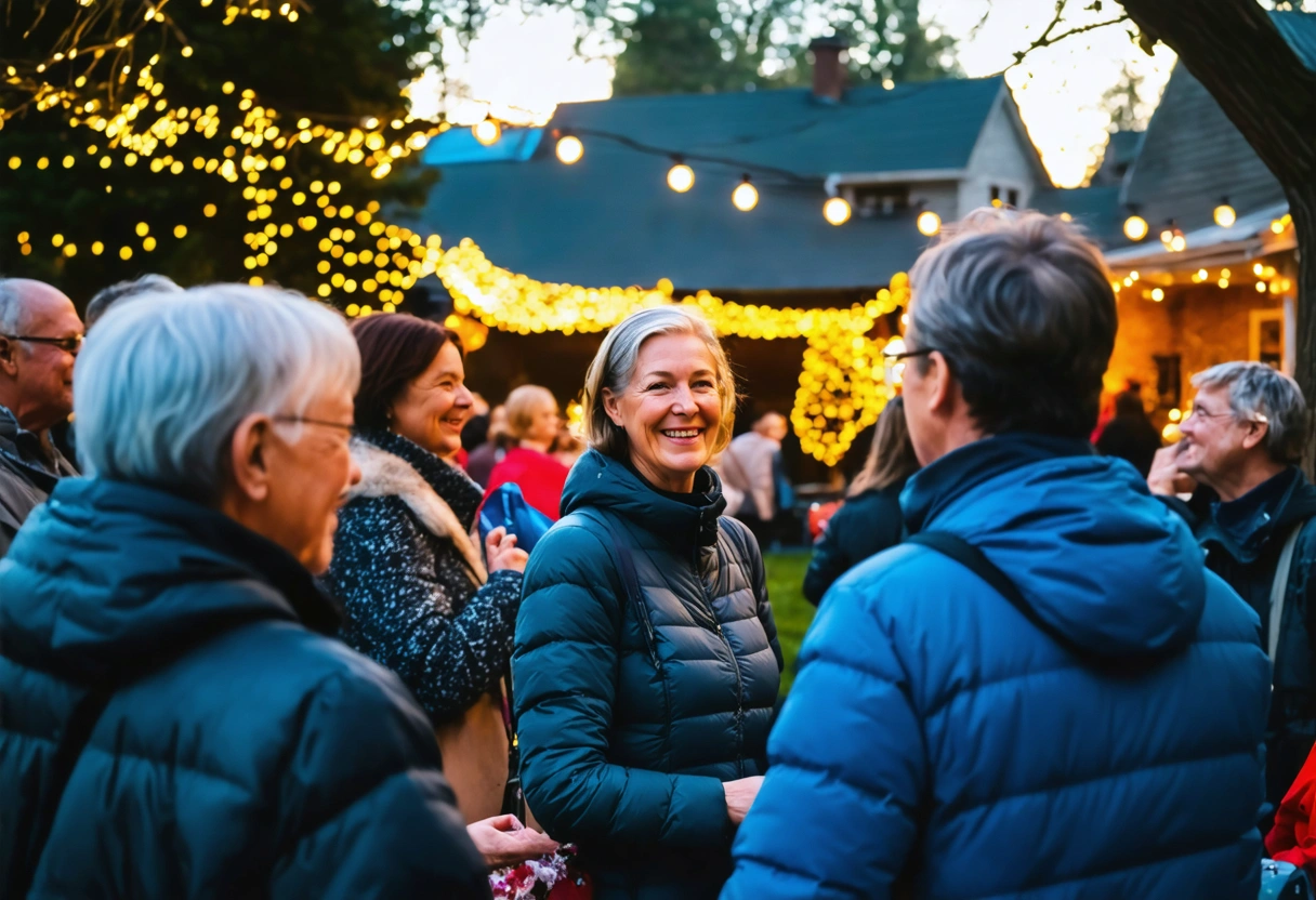 Outdoor community event with festive decorations and residents engaging