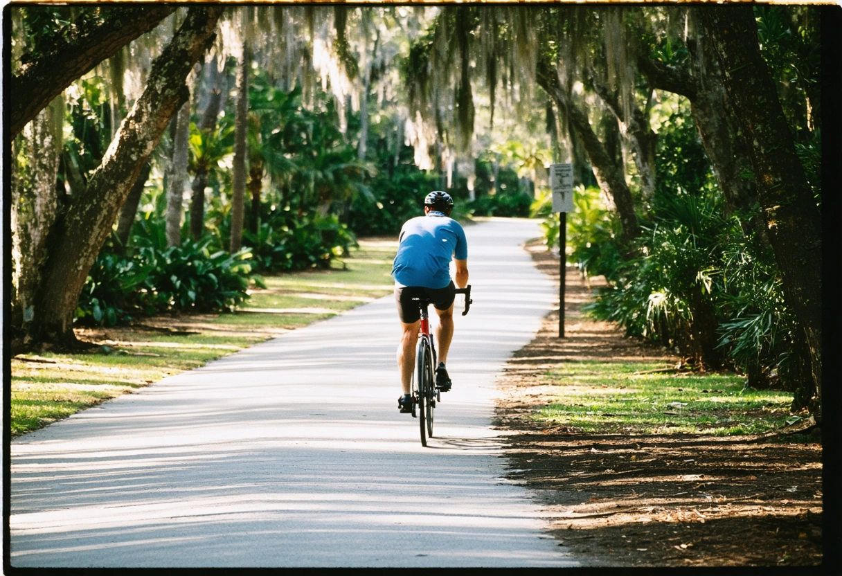 Cyclist on a scenic bike path in Punta Gorda's Linear Park, surrounded by lush greenery,