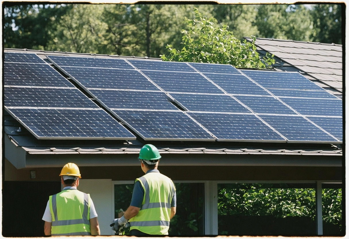 Eco-friendly apartment with solar panels, crew ensuring sustainability, green surroundings