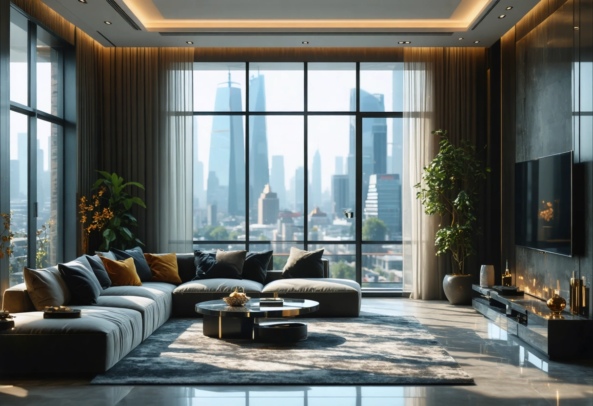 Elegant living room with cityscape view and sophisticated decor