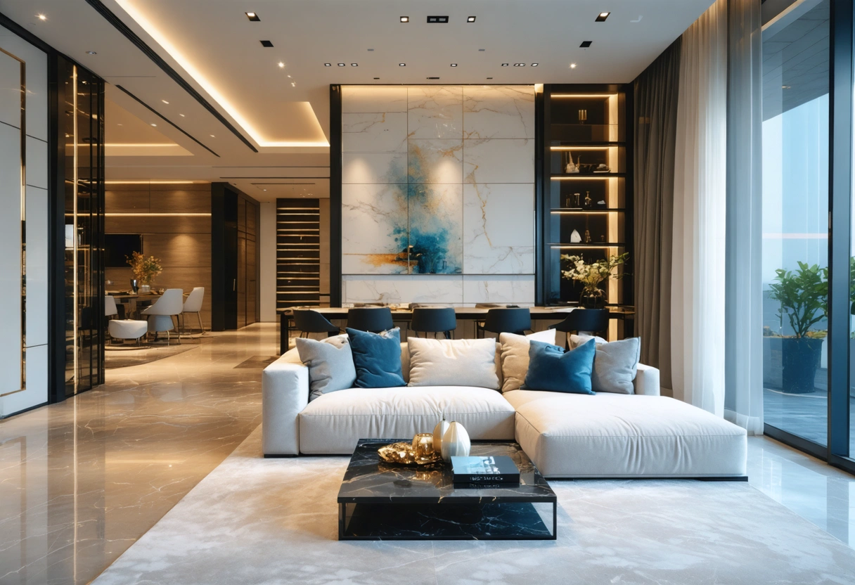 Luxury apartment interior with high-end fixtures, ambient lighting, and modern decor in pristine condition.