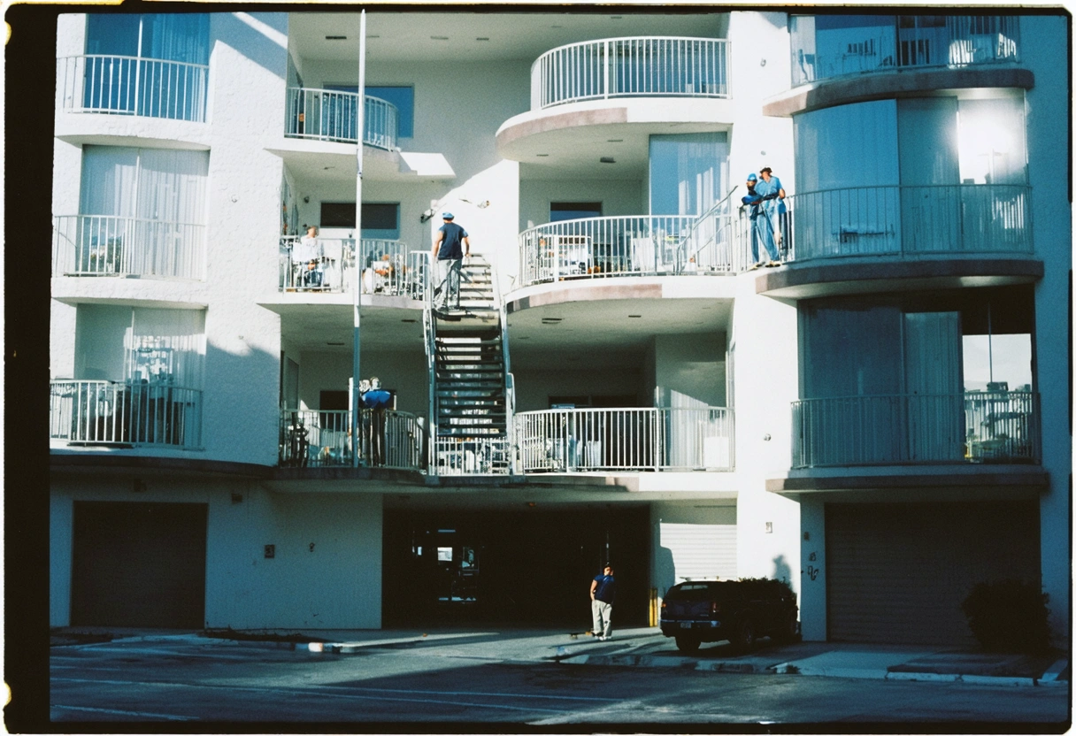 Maintenance staff using digital tools at futuristic Punta Gorda apartment building