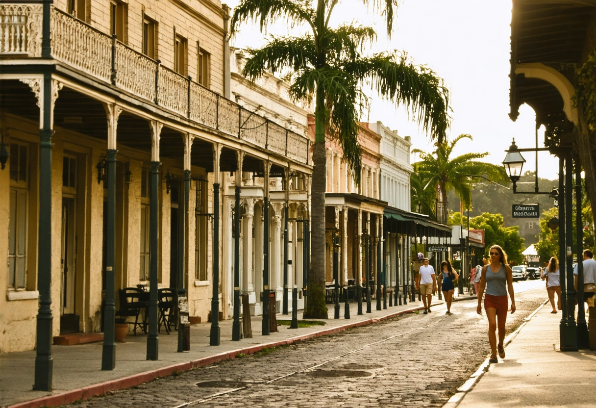 Historic district of Punta Gorda, featuring late 19th-century buildings, cobblestone streets, warm afternoon light, nostalgic