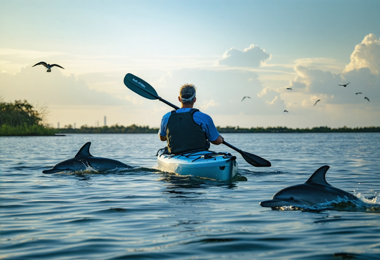 Kayaker in Charlotte Harbor at sunset, surrounded by dolphins and birds, tranquil estuary scene.