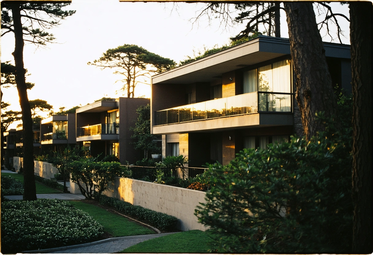 Modern luxury apartment exterior with lush landscaping at sunset, Punta Gorda properties.