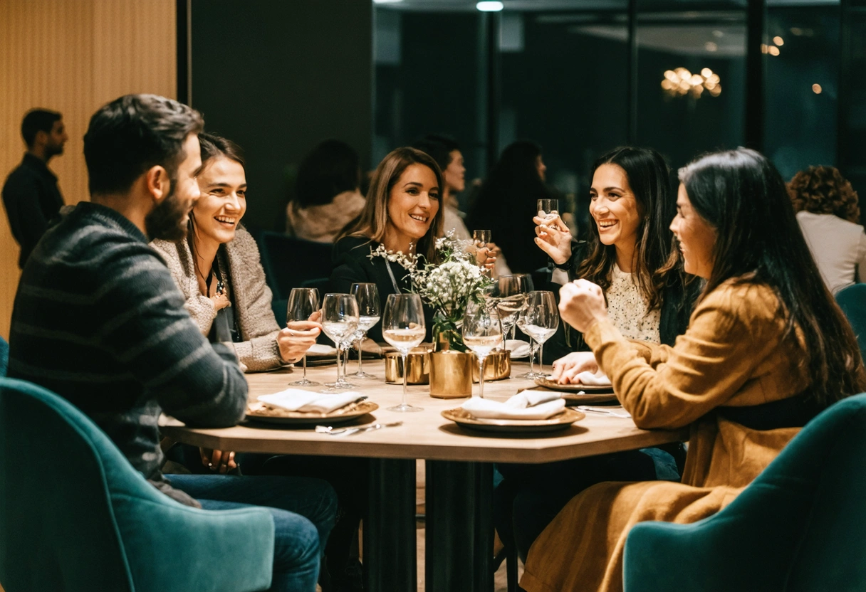 Vibrant social gathering in luxury apartment community with elegant decor