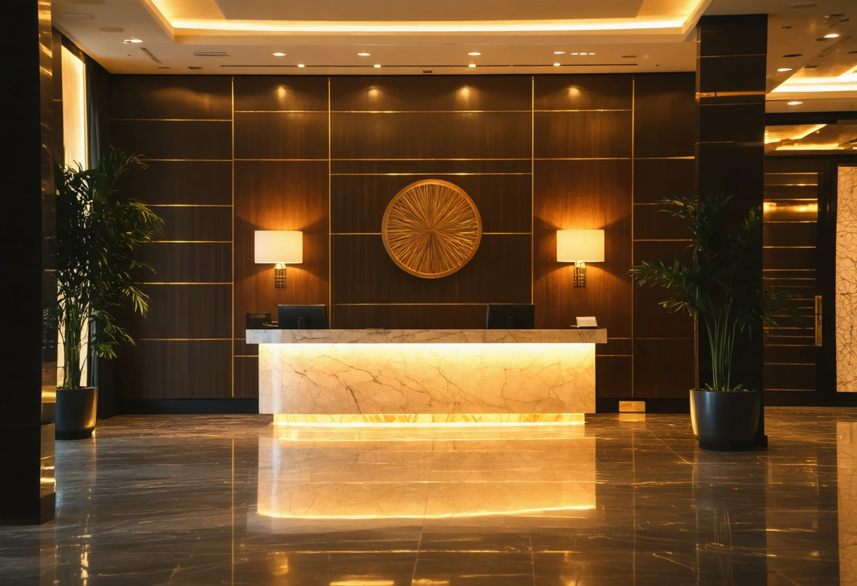 Modern luxury apartment lobby with concierge desk and warm lighting