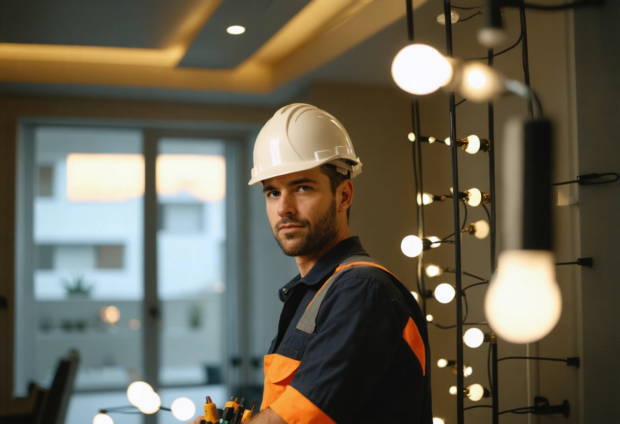 Electrician inspecting luxury apartment lighting system, ensuring safety and functionality
