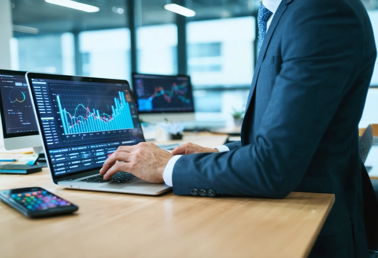 Property manager reviewing predictive analytics on laptop in modern, bright office