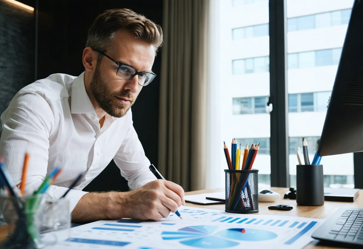 Property manager assessing systems in luxury apartment, organized workspace, focused expression