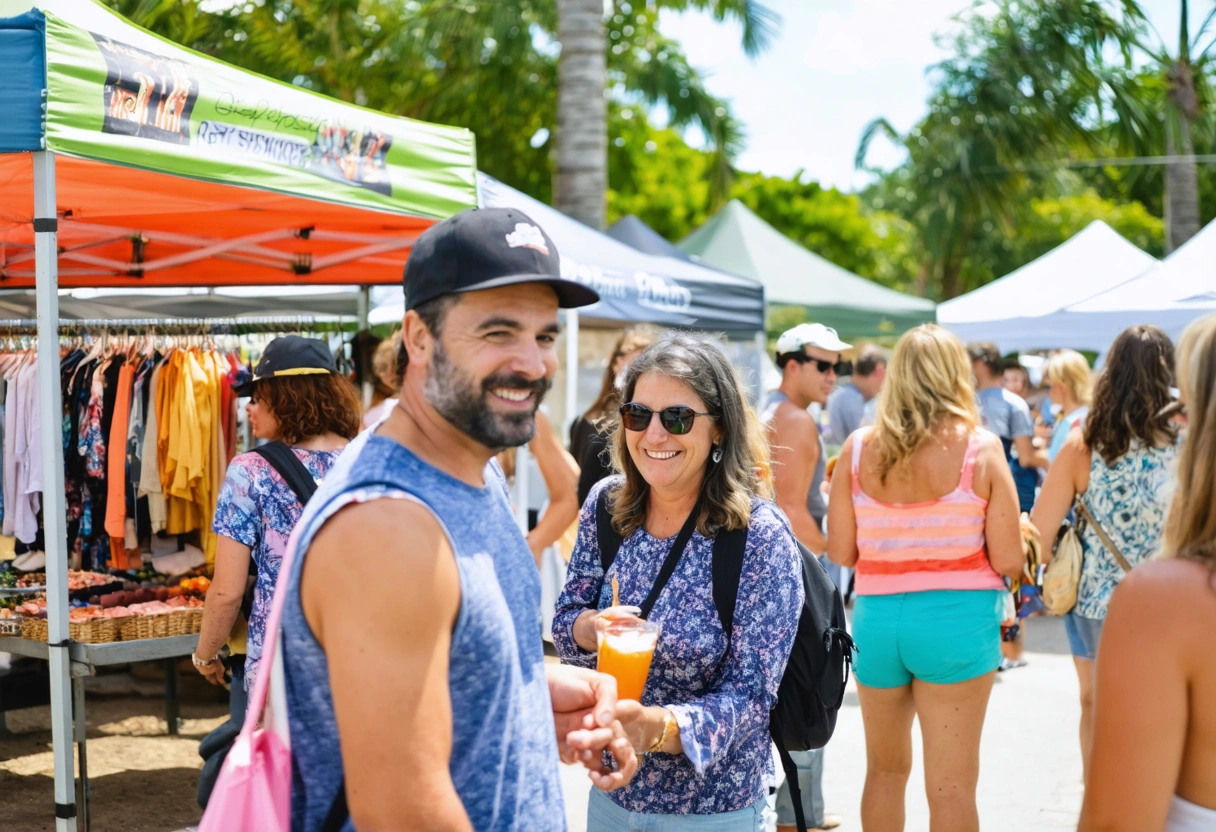 Residents enjoying a community event in Punta Gorda, colorful market stalls, people smiling, engaging in