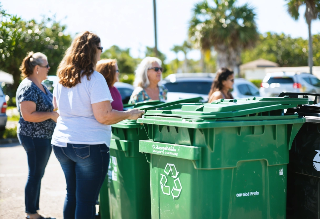 Residents participating in a community recycling program in Punta Gorda, green bins, eco-friendly atmosphere, sunny