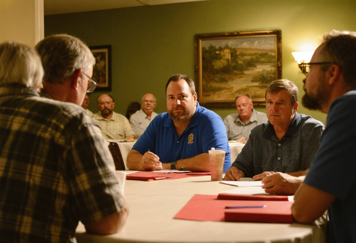 Residents participating in a neighborhood watch meeting in Punta Gorda, safety-focused atmosphere, community discussion, evening