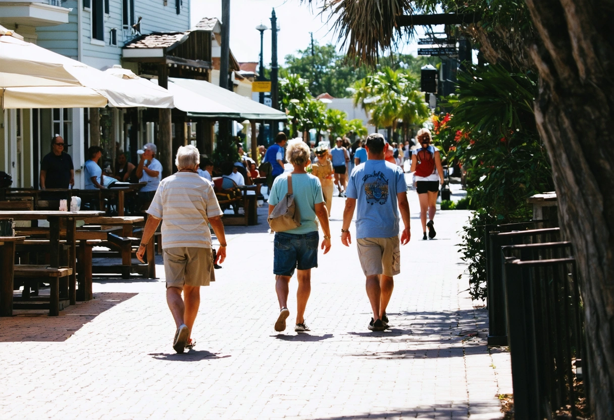 A couple walking hand-in-hand through a picturesque park in Punta Gorda, Florida. Sunlight filtering through