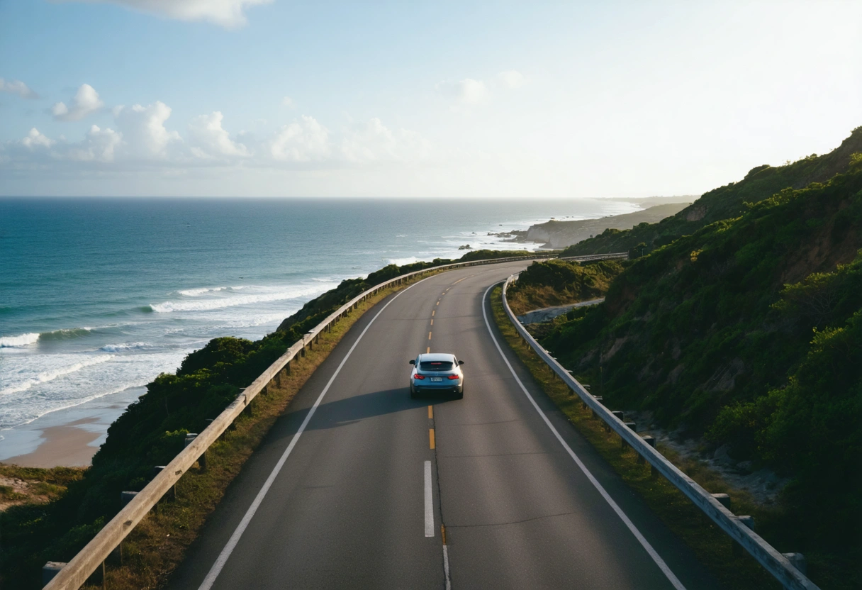 Scenic drive along Gulf Coast, car on coastal road, ocean views, clear skies, relaxed mood,