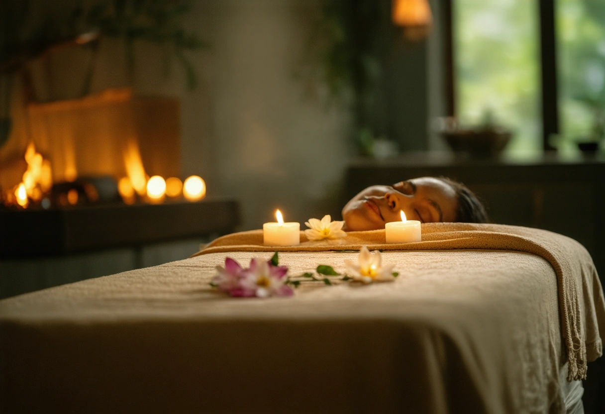 Serene spa interior with massage table and tranquil ambiance