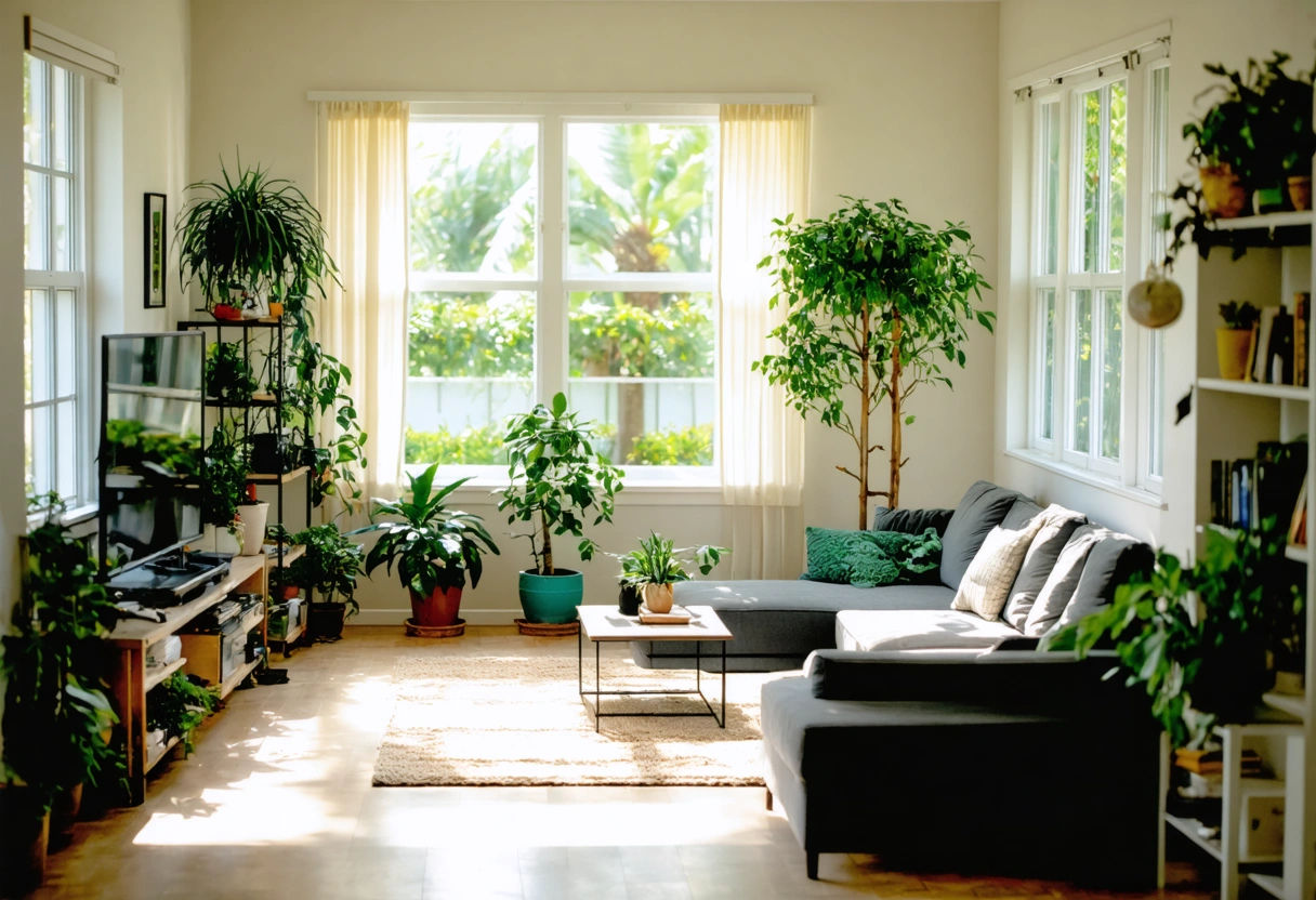 A bright and airy Florida apartment living room with plants and open windows. Daylight, clean