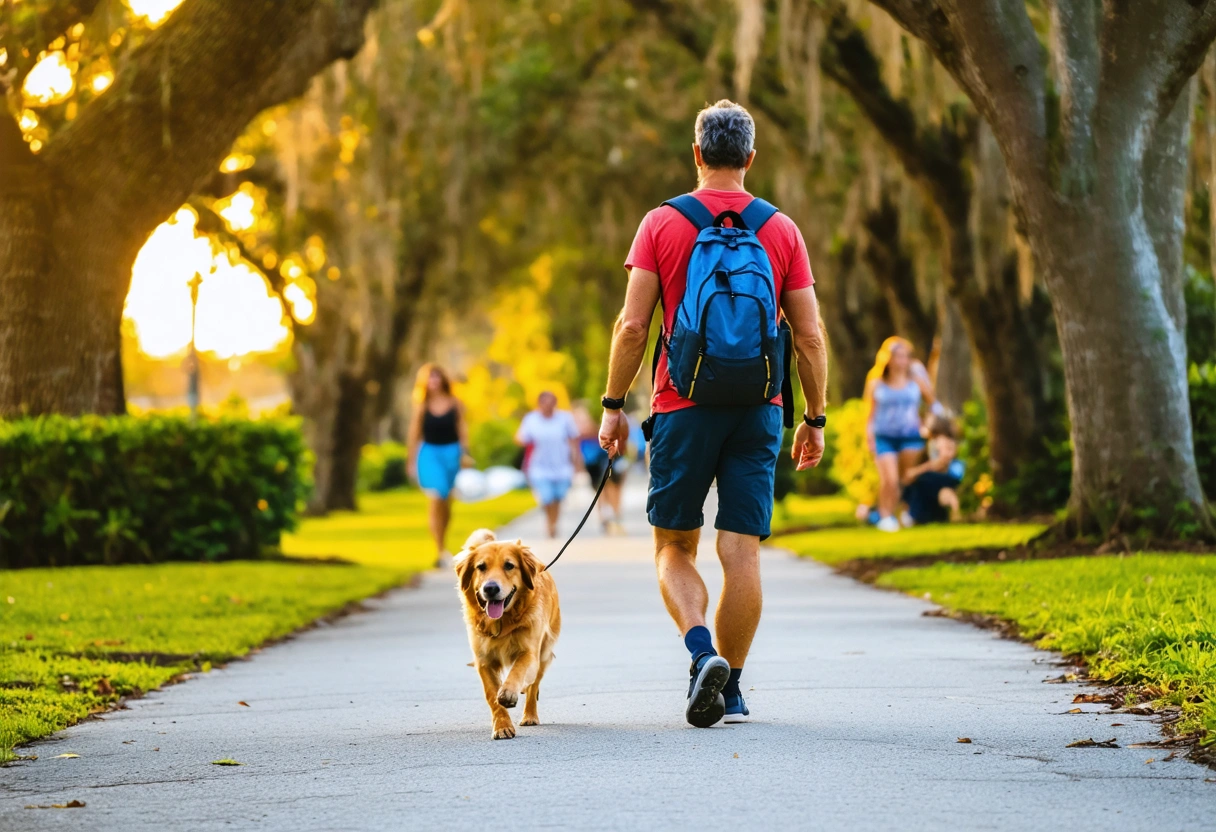 Dog owner walking tree-lined path, engaging with other pet owners.