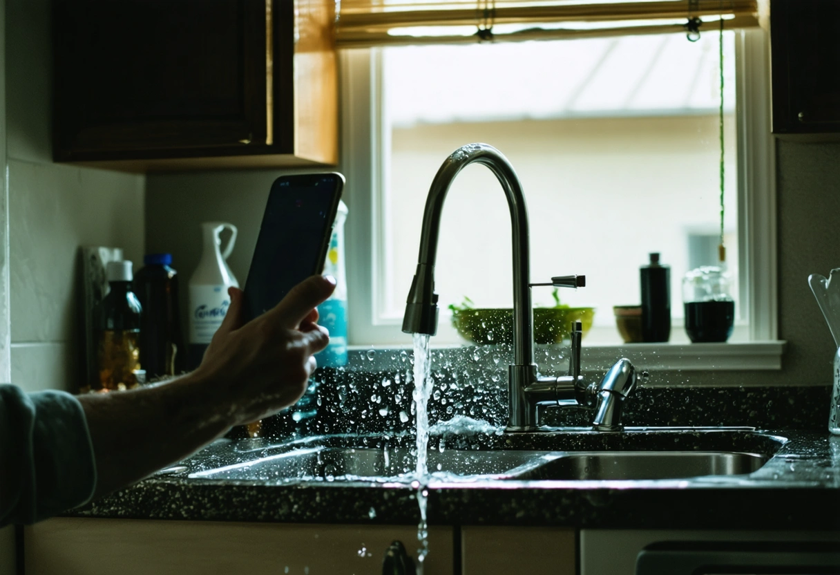 A Florida apartment kitchen with a leaking faucet. Daylight, focus on water droplets and a